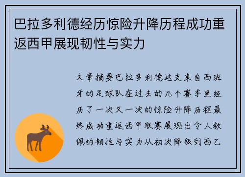 巴拉多利德经历惊险升降历程成功重返西甲展现韧性与实力