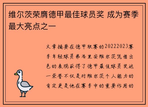 维尔茨荣膺德甲最佳球员奖 成为赛季最大亮点之一