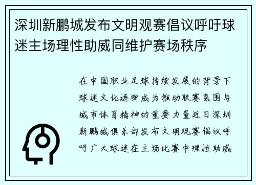 深圳新鹏城发布文明观赛倡议呼吁球迷主场理性助威同维护赛场秩序