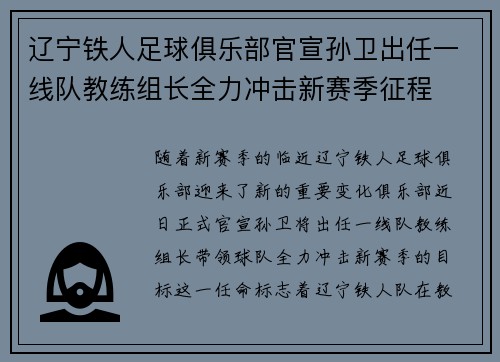 辽宁铁人足球俱乐部官宣孙卫出任一线队教练组长全力冲击新赛季征程